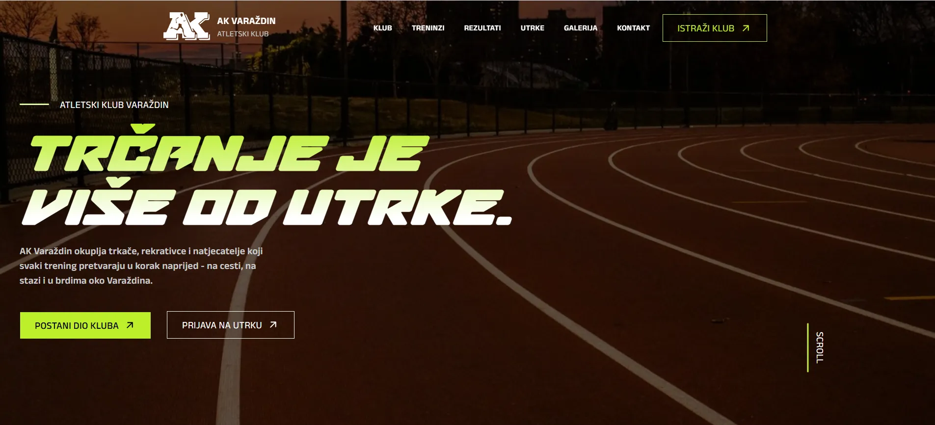 Evening view of an empty outdoor running track with curved lanes and a fence on the left, overlaid with Croatian text promoting AK Varaždin athletic club and call-to-action buttons.