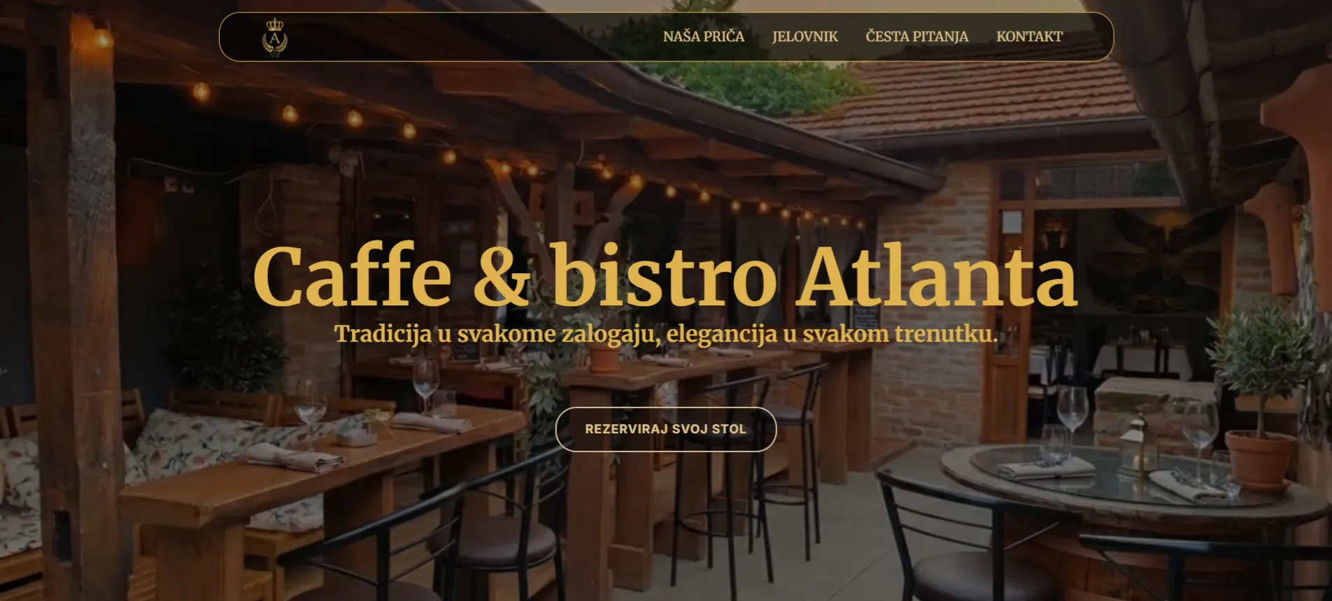 Outdoor seating area of Caffe & Bistro Atlanta with wooden tables, cushioned benches, chairs, string lights, and potted plants under a covered patio with brick walls.